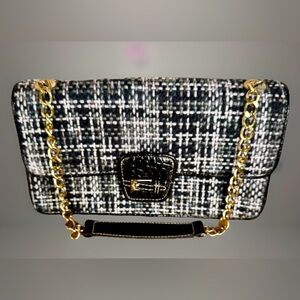 Vintage Liz Claiborne Black/Gray Tweed Snap Close Purse Gold Chain 11”X 5.75”X3”